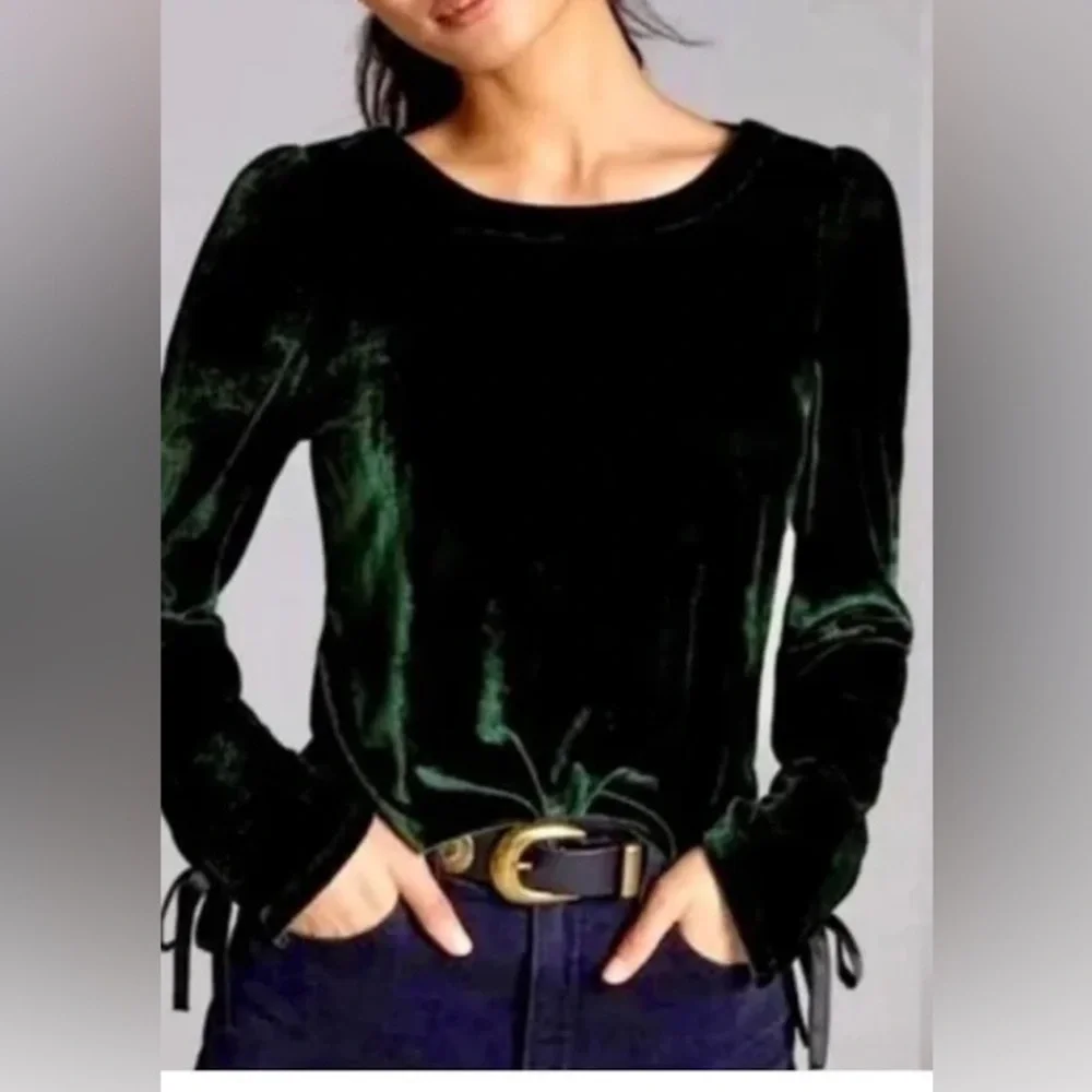 By Anthropologie Dark Green Velvet Criss Cross Back Long Sleeve Blouse Size XL